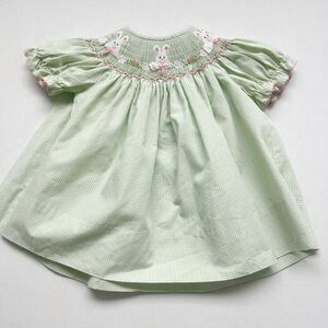 Smocked Bunny Little Girls Dress Amanda Remembered Bishop Style Easter Green